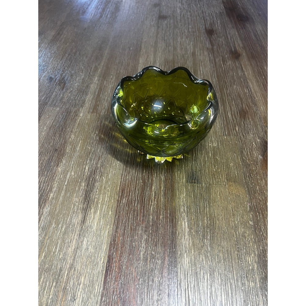 Vintage Olive Green Glass Bowl Diamond Quilt Scalloped Edge Gold Flower Base
